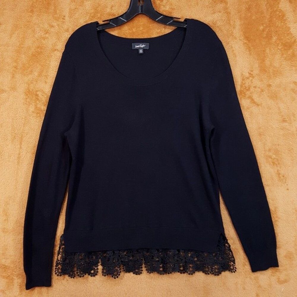 LORD & TAYLOR Sweater Womens Medium Black Pullover Lace Hem Knit Long Sleeve